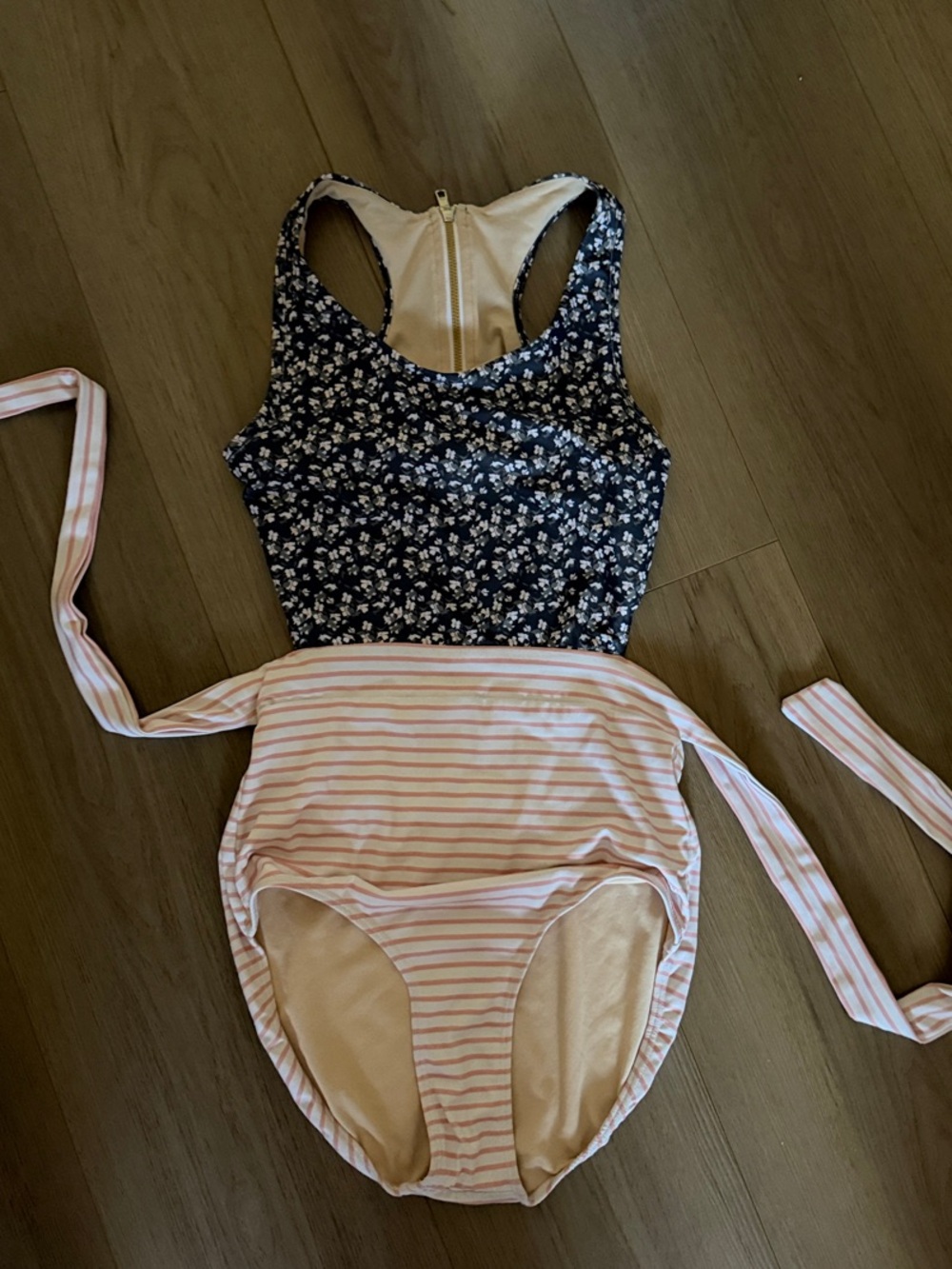 Floral & Striped Two-Tone One-Piece Swimsuit size small slight wear see photos - Picture 2 of 5